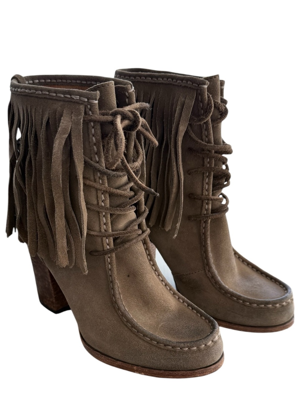 FRYE Parker Fringe Short Boots Gray Taupe Suede 7.5M Fringe Heeled Western